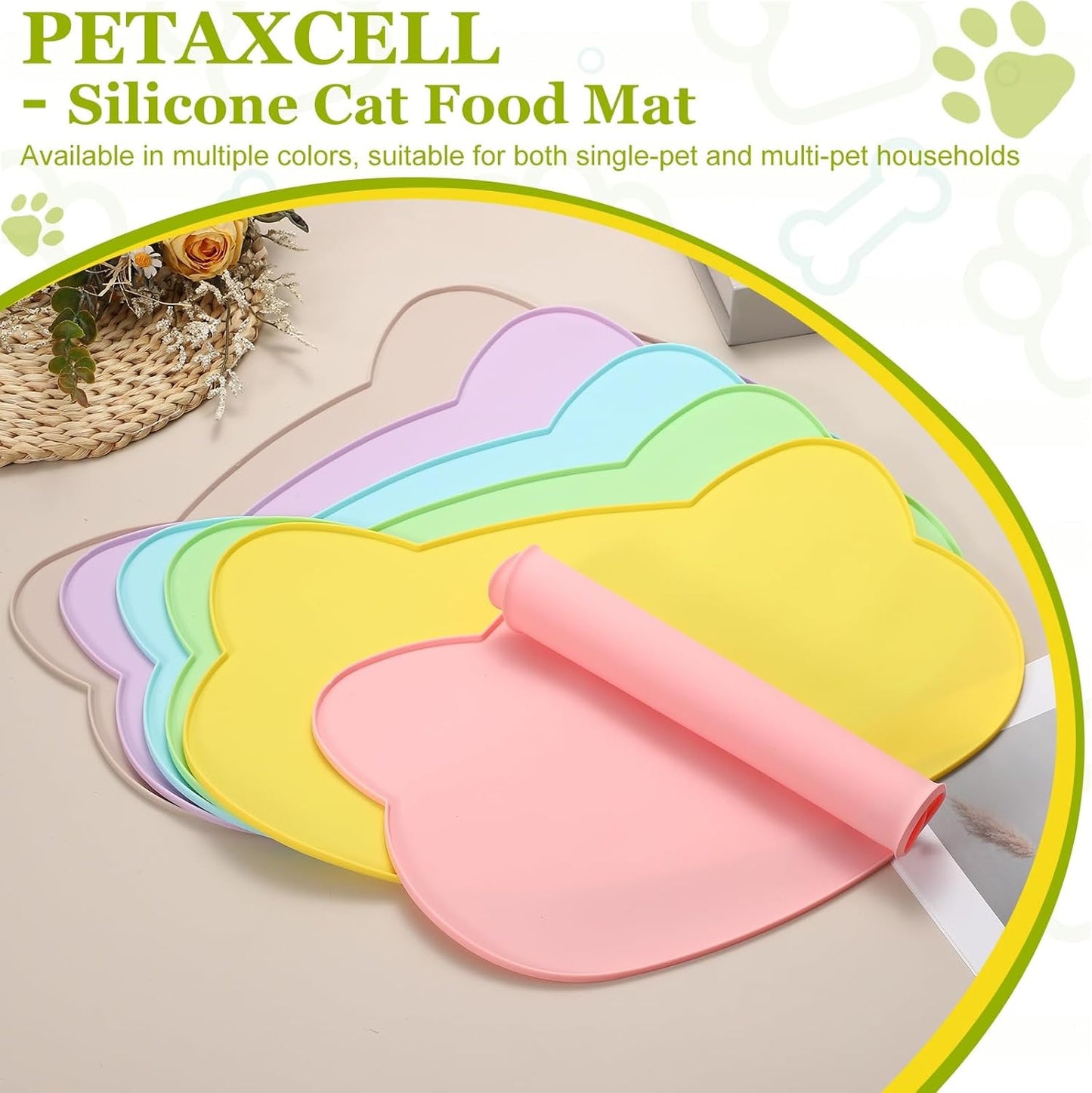 Cat Food Mat, 17x10 Inch Silicone Pet Feeding Mat Non-Slip Cat Shaped Waterproof Dog Water Bowl Tray Raised Edge Protects Floors (Yellow), Intended for Pets Bowl/Fountain