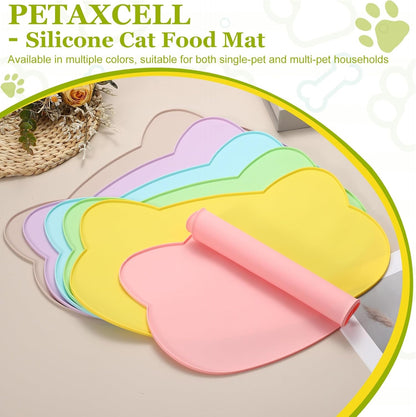 Cat Food Mat, 17x10 Inch Silicone Pet Feeding Mat Non-Slip Cat Shaped Waterproof Dog Water Bowl Tray Raised Edge Protects Floors (Yellow), Intended for Pets Bowl/Fountain