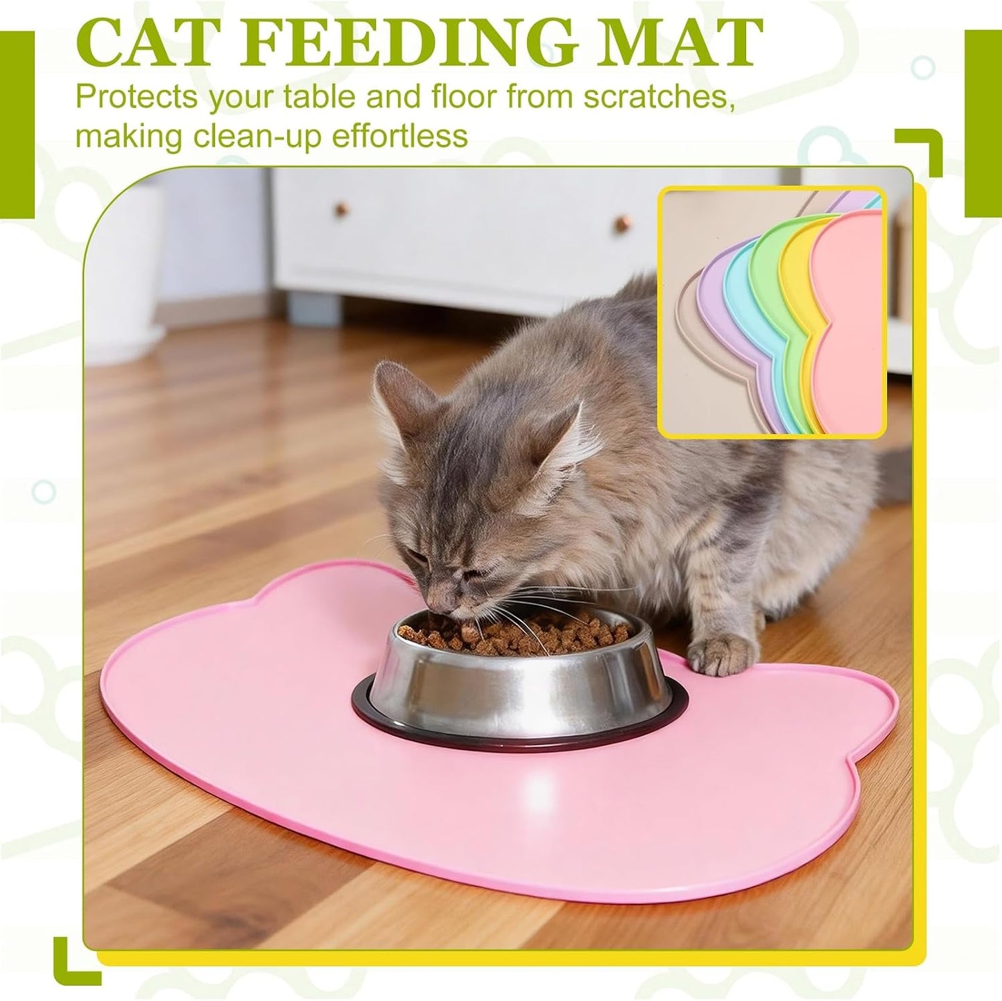 Cat Food Mat, 17x10 Inch Silicone Pet Feeding Mat Non-Slip Cat Shaped Waterproof Dog Water Bowl Tray Raised Edge Protects Floors (Yellow), Intended for Pets Bowl/Fountain