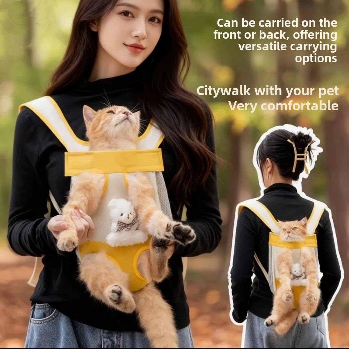 Pet Carrier Backpack, Yellow and White, Front Facing Dog Cat Sling with Mesh Breathable Design, Adjustable Straps, Hands-Free Travel Bag (Large（5kg)