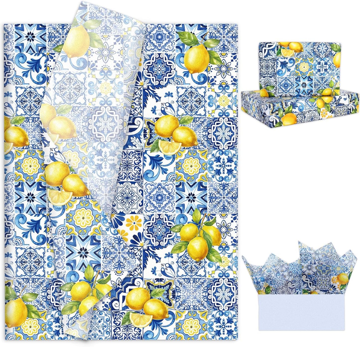 60 Sheets Capri Lemon Tissue Paper Blue Tiles Yellow Lemons Wrapping Paper for Summer Amalfi Coast Party Decorations DIY Crafts Supplies, 14 x 20 Inch