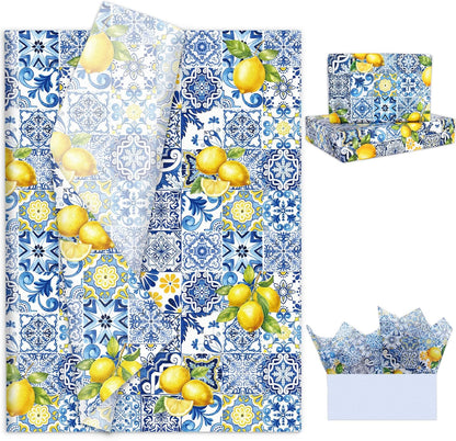 60 Sheets Capri Lemon Tissue Paper Blue Tiles Yellow Lemons Wrapping Paper for Summer Amalfi Coast Party Decorations DIY Crafts Supplies, 14 x 20 Inch