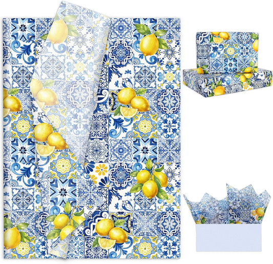 60 Sheets Capri Lemon Tissue Paper Blue Tiles Yellow Lemons Wrapping Paper for Summer Amalfi Coast Party Decorations DIY Crafts Supplies, 14 x 20 Inch