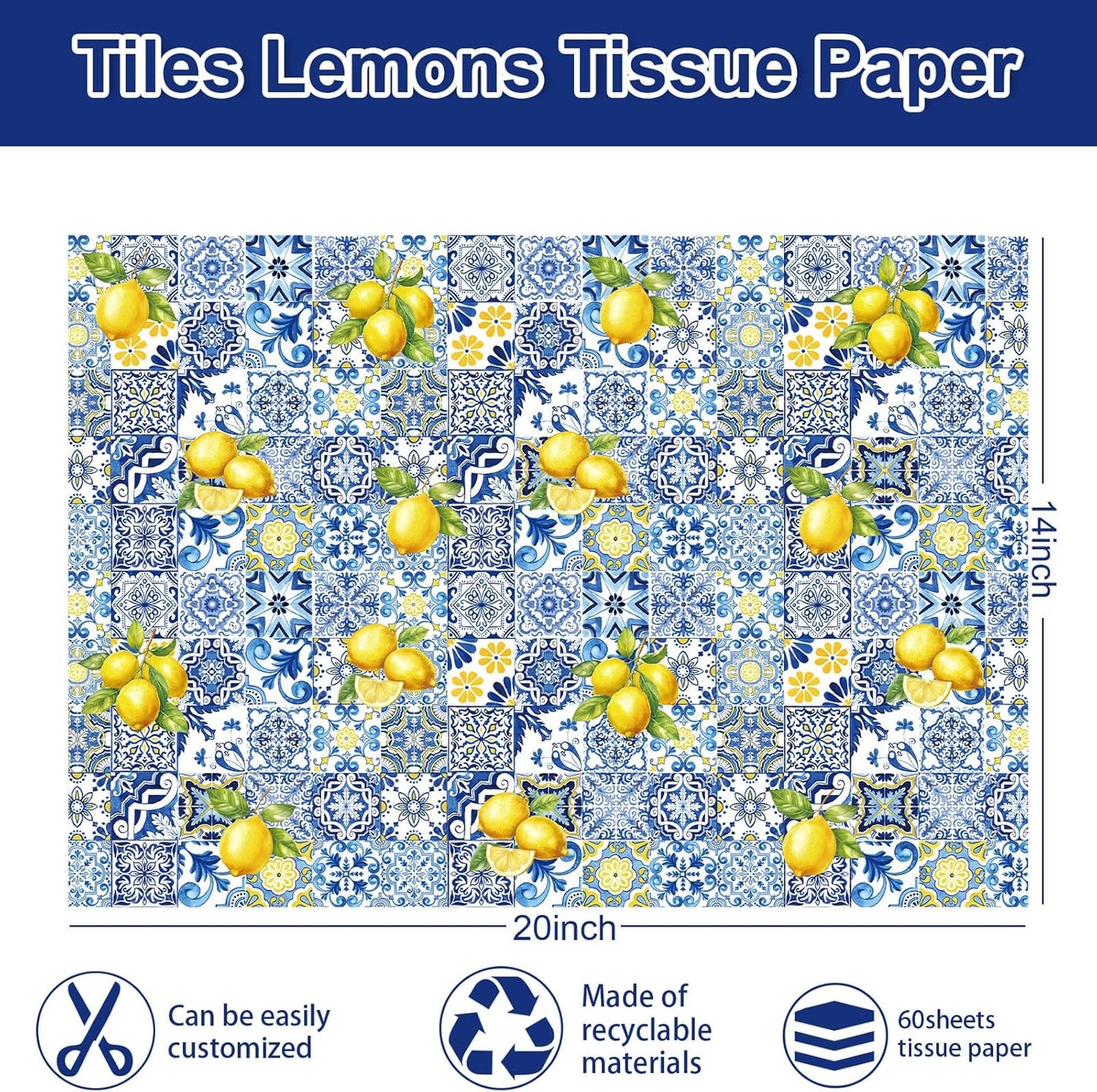 60 Sheets Capri Lemon Tissue Paper Blue Tiles Yellow Lemons Wrapping Paper for Summer Amalfi Coast Party Decorations DIY Crafts Supplies, 14 x 20 Inch