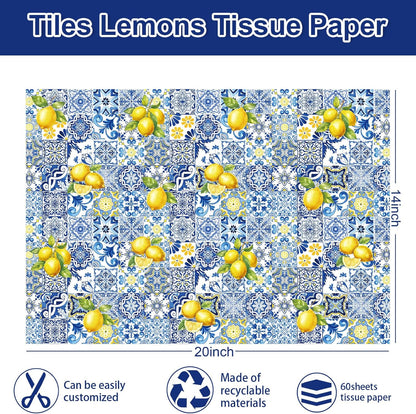 60 Sheets Capri Lemon Tissue Paper Blue Tiles Yellow Lemons Wrapping Paper for Summer Amalfi Coast Party Decorations DIY Crafts Supplies, 14 x 20 Inch