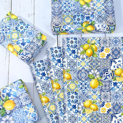 60 Sheets Capri Lemon Tissue Paper Blue Tiles Yellow Lemons Wrapping Paper for Summer Amalfi Coast Party Decorations DIY Crafts Supplies, 14 x 20 Inch
