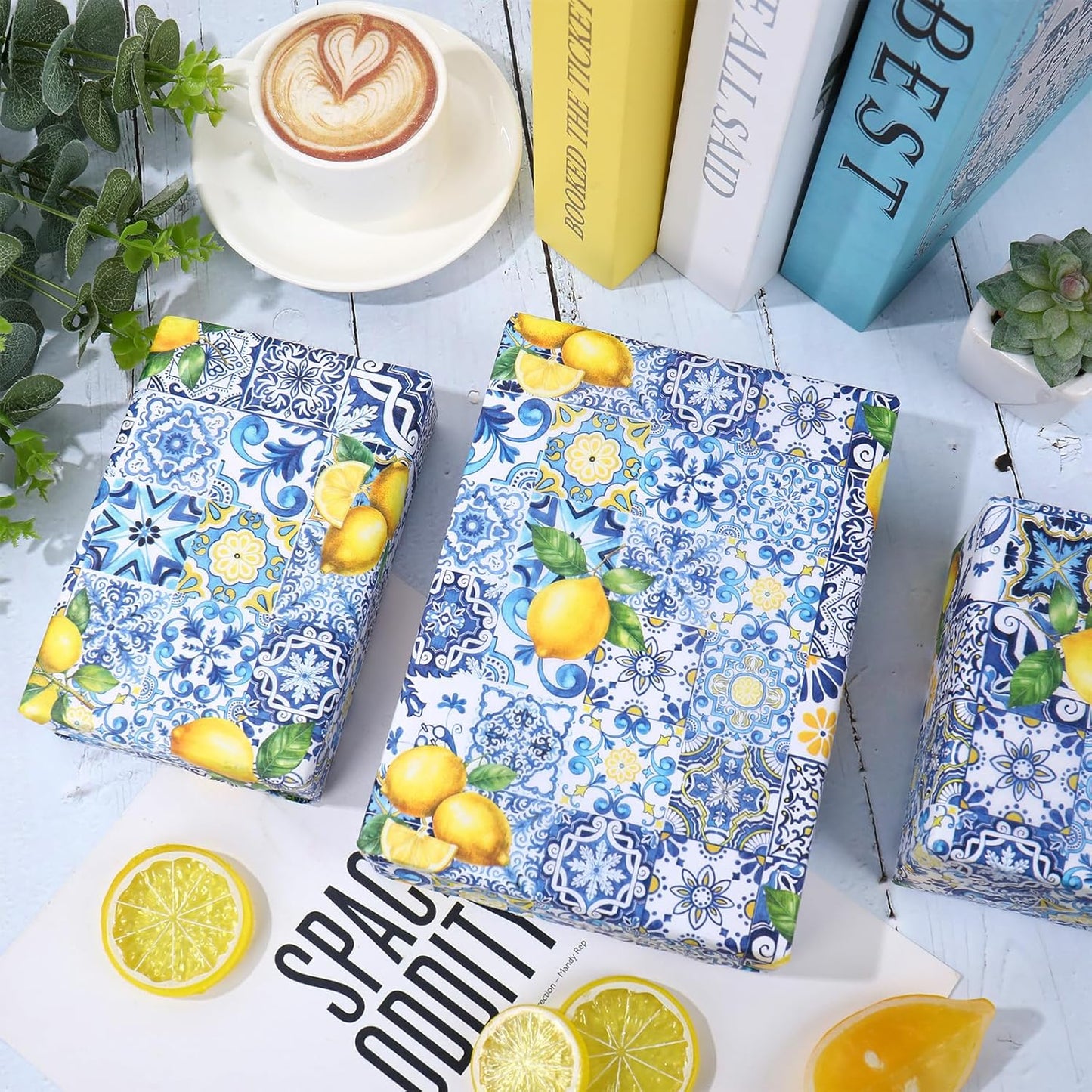 60 Sheets Capri Lemon Tissue Paper Blue Tiles Yellow Lemons Wrapping Paper for Summer Amalfi Coast Party Decorations DIY Crafts Supplies, 14 x 20 Inch