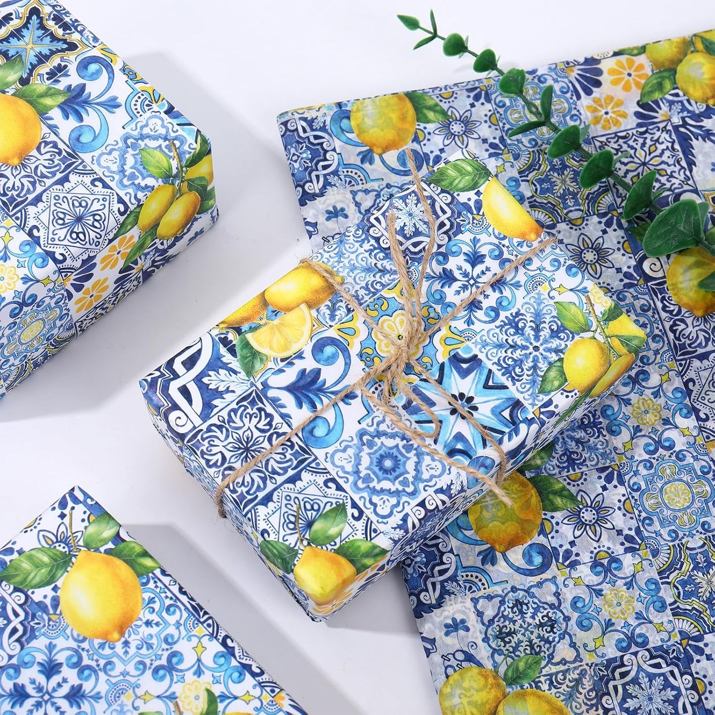60 Sheets Capri Lemon Tissue Paper Blue Tiles Yellow Lemons Wrapping Paper for Summer Amalfi Coast Party Decorations DIY Crafts Supplies, 14 x 20 Inch