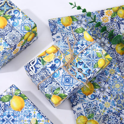 60 Sheets Capri Lemon Tissue Paper Blue Tiles Yellow Lemons Wrapping Paper for Summer Amalfi Coast Party Decorations DIY Crafts Supplies, 14 x 20 Inch