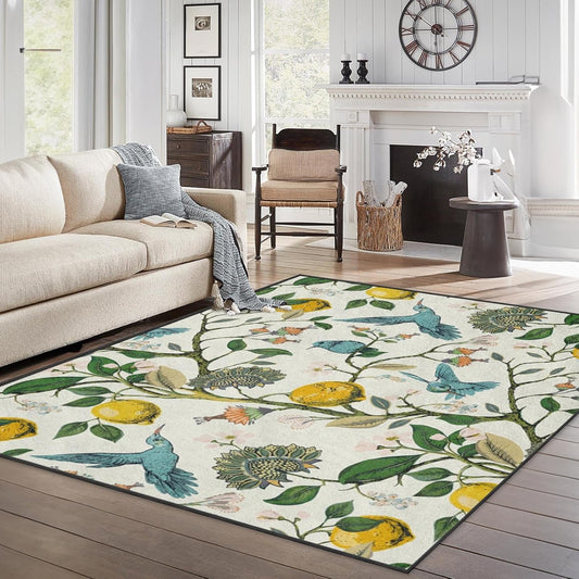 Area Rugs 5'x7' Washable Rug, Lemon Hummingbird Botanical Stain Resistant Non Slip Backing Chinoiserie Vintage Carpet for Living Room Bedroom Dining Room