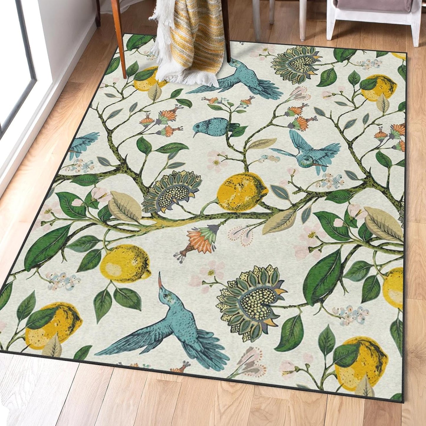 Area Rugs 5'x7' Washable Rug, Lemon Hummingbird Botanical Stain Resistant Non Slip Backing Chinoiserie Vintage Carpet for Living Room Bedroom Dining Room