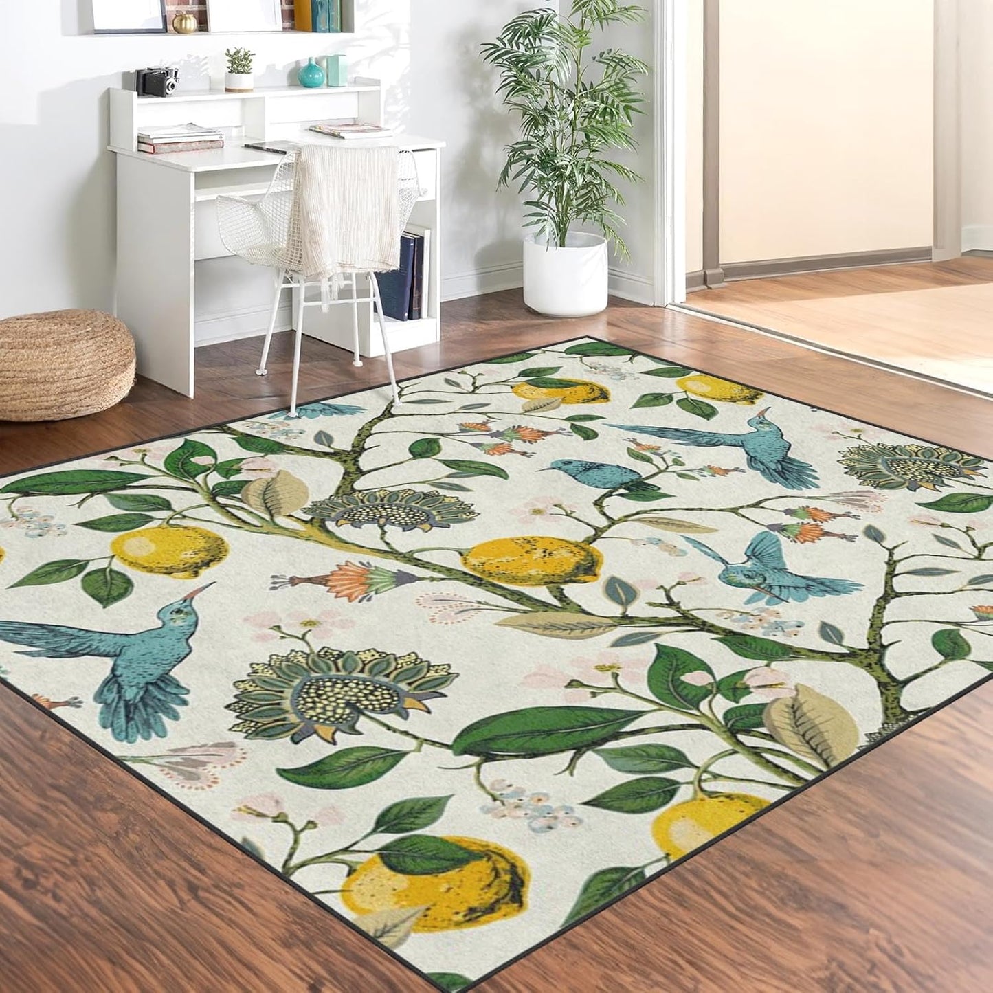 Area Rugs 5'x7' Washable Rug, Lemon Hummingbird Botanical Stain Resistant Non Slip Backing Chinoiserie Vintage Carpet for Living Room Bedroom Dining Room