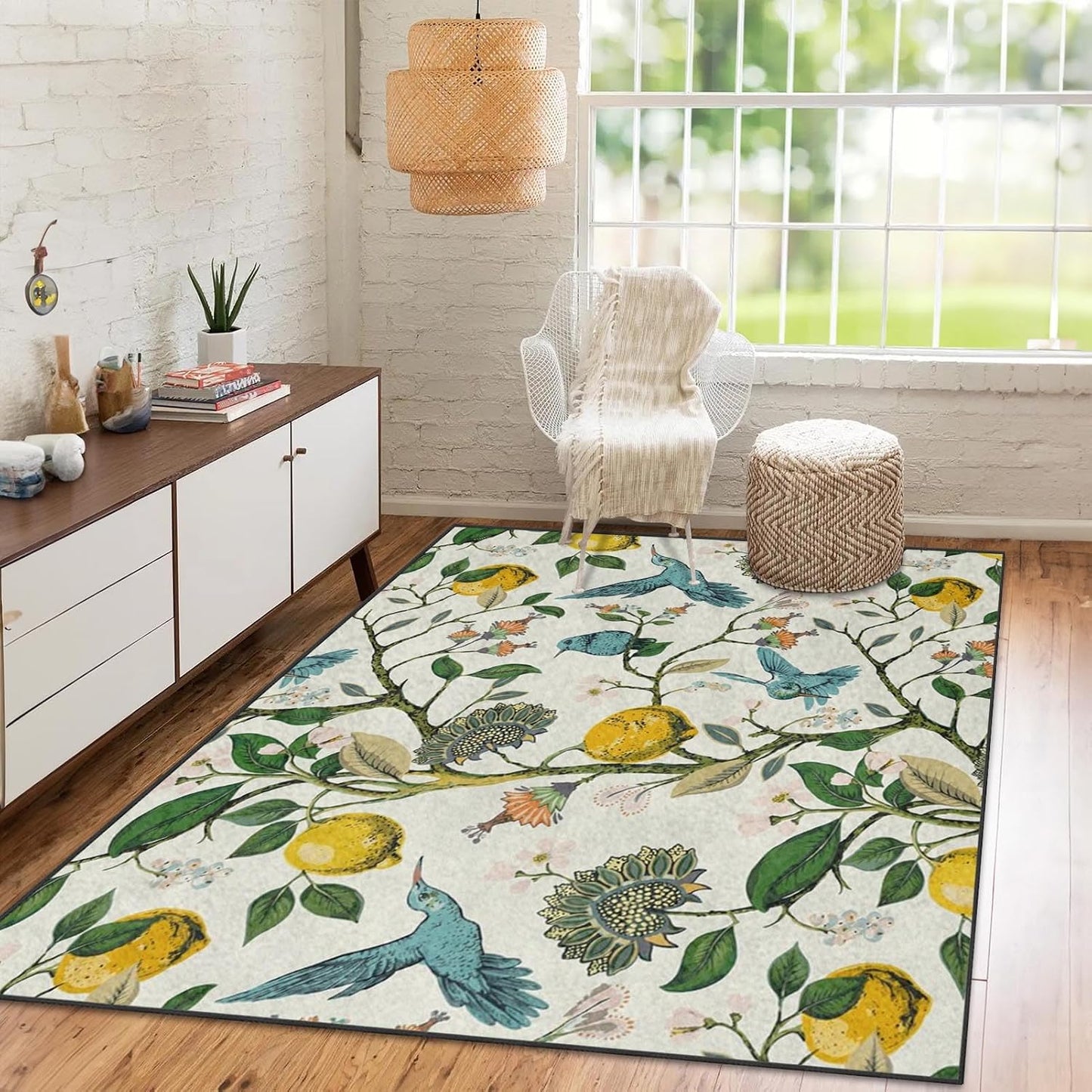 Area Rugs 5'x7' Washable Rug, Lemon Hummingbird Botanical Stain Resistant Non Slip Backing Chinoiserie Vintage Carpet for Living Room Bedroom Dining Room