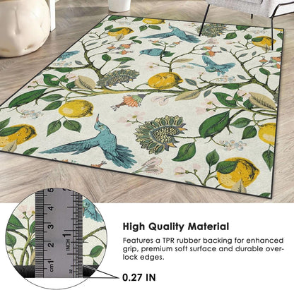 Area Rugs 5'x7' Washable Rug, Lemon Hummingbird Botanical Stain Resistant Non Slip Backing Chinoiserie Vintage Carpet for Living Room Bedroom Dining Room