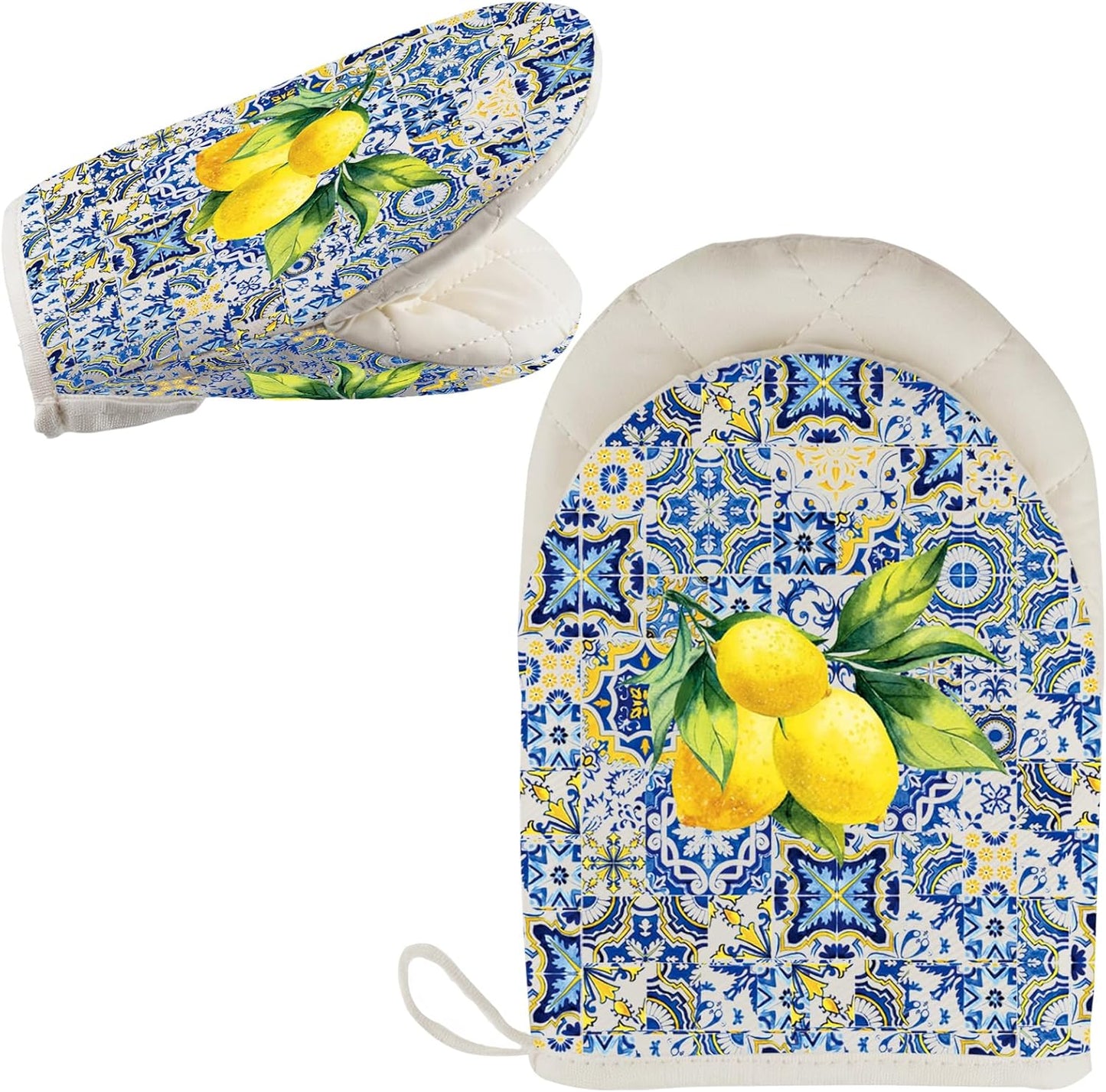 Lemon Baking Short Oven Mitt Italian Mediterranean Gift Italian Floral Gift Olive Lover Kitchen Gloves (Lemon Blue G)