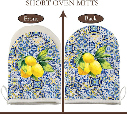 Lemon Baking Short Oven Mitt Italian Mediterranean Gift Italian Floral Gift Olive Lover Kitchen Gloves (Lemon Blue G)