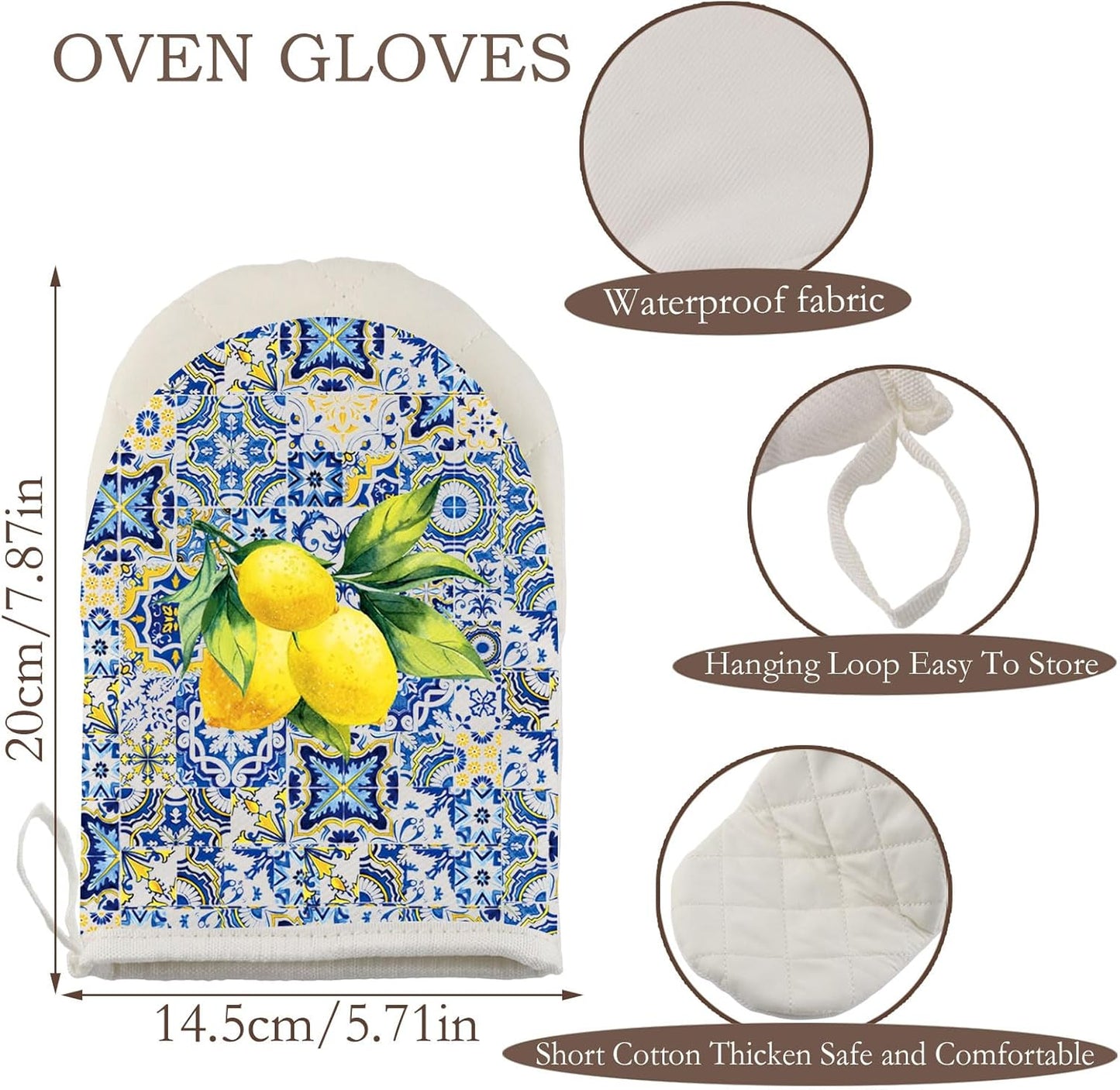 Lemon Baking Short Oven Mitt Italian Mediterranean Gift Italian Floral Gift Olive Lover Kitchen Gloves (Lemon Blue G)