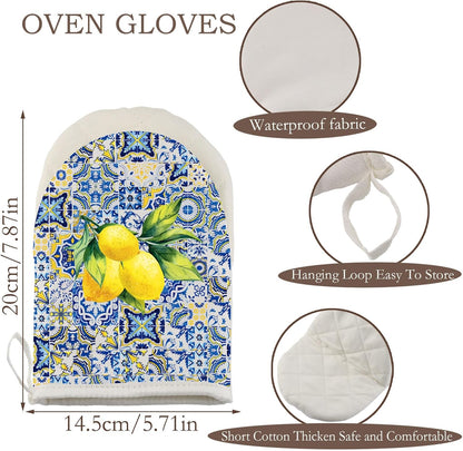 Lemon Baking Short Oven Mitt Italian Mediterranean Gift Italian Floral Gift Olive Lover Kitchen Gloves (Lemon Blue G)