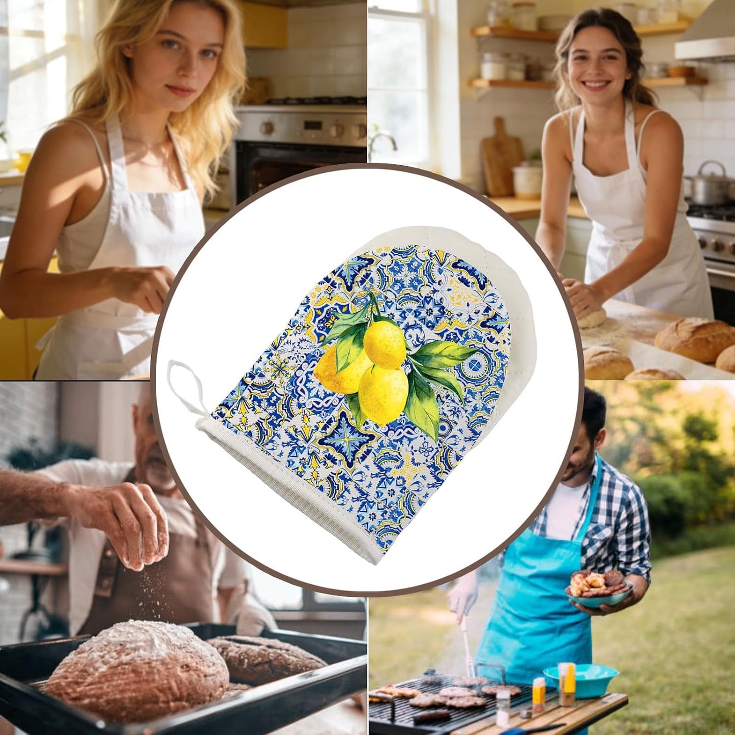 Lemon Baking Short Oven Mitt Italian Mediterranean Gift Italian Floral Gift Olive Lover Kitchen Gloves (Lemon Blue G)