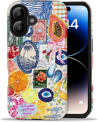 for iPhone 16 Case Summer Fruit Lemon Collage Phone Case | Aesthetic Summer Phone Case Cute Fruit Lemon European Collage Women, Scratch Resistant Shockproof Protective Girly Case