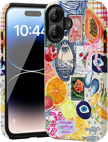 for iPhone 16 Case Summer Fruit Lemon Collage Phone Case | Aesthetic Summer Phone Case Cute Fruit Lemon European Collage Women, Scratch Resistant Shockproof Protective Girly Case