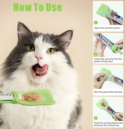 4 Pcs Cat Strip Feeders Spoon,Cute Cats Treat Squeeze Spoons Pet Food Mixing Spoon Multifunctional Lickable Treat Feeding Dispenser for Cat Liquid Snack and Wet Food(Green&White&Yellow)