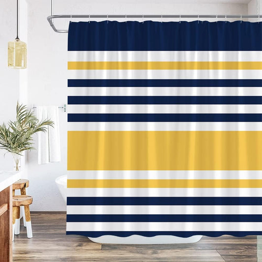 Navy Blue Yellow Shower Curtain Abstract Geometric Stripe Modern Contemporary Simple Fashion Boho Mid Century Bathroom Set Bathtub Accessories Polyester Fabric with Hooks 70Wx70H Inch