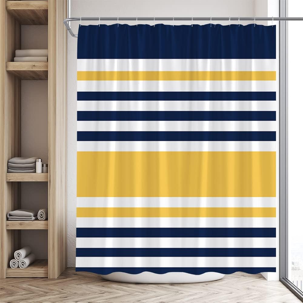 Navy Blue Yellow Shower Curtain Abstract Geometric Stripe Modern Contemporary Simple Fashion Boho Mid Century Bathroom Set Bathtub Accessories Polyester Fabric with Hooks 70Wx70H Inch