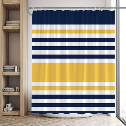 Navy Blue Yellow Shower Curtain Abstract Geometric Stripe Modern Contemporary Simple Fashion Boho Mid Century Bathroom Set Bathtub Accessories Polyester Fabric with Hooks 70Wx70H Inch