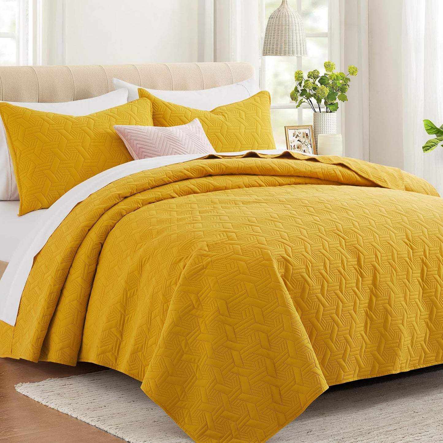 Mustard Yellow Oversized California Cal King Size Quilt Bedding Set with Pillow Shams, Summer Lightweight Bedspread Coverlet, Soft Quilted Blanket Thin Comforter for All Seasons