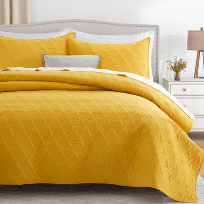 Mustard Yellow Oversized California Cal King Size Quilt Bedding Set with Pillow Shams, Summer Lightweight Bedspread Coverlet, Soft Quilted Blanket Thin Comforter for All Seasons