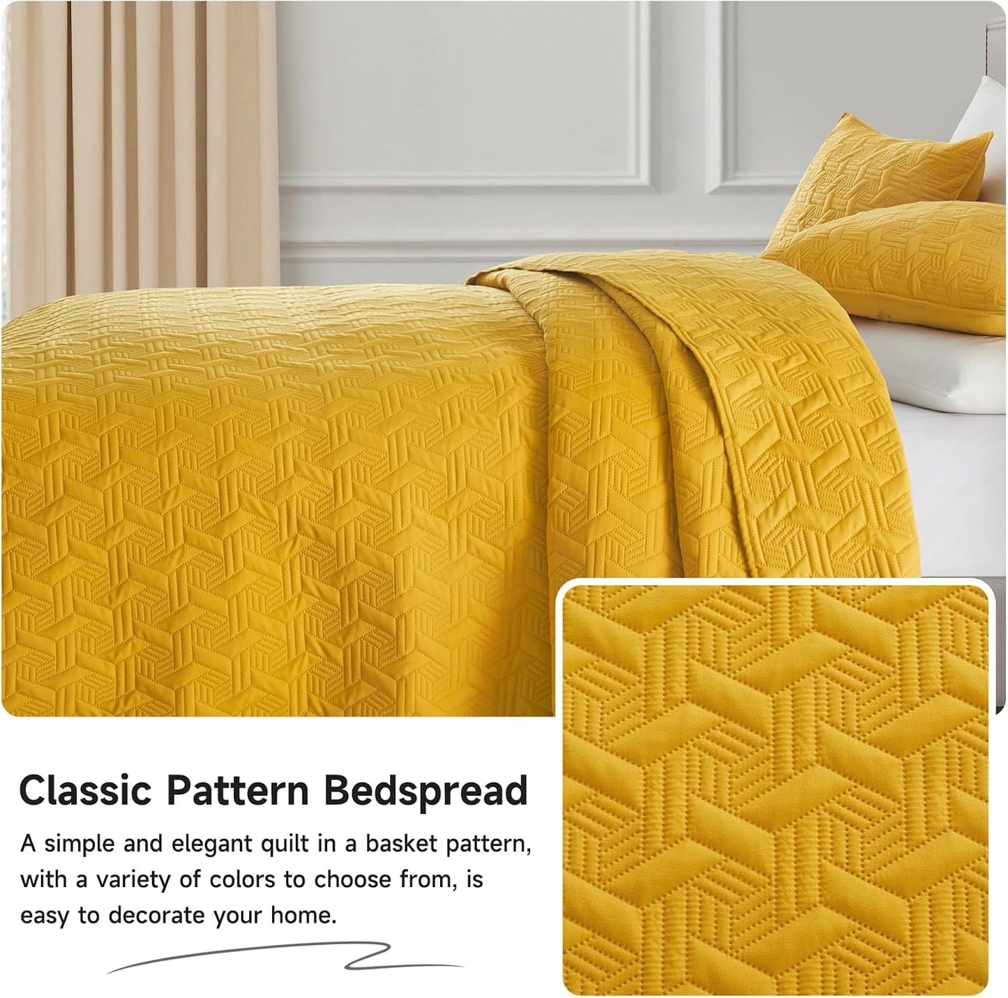 Mustard Yellow Oversized California Cal King Size Quilt Bedding Set with Pillow Shams, Summer Lightweight Bedspread Coverlet, Soft Quilted Blanket Thin Comforter for All Seasons