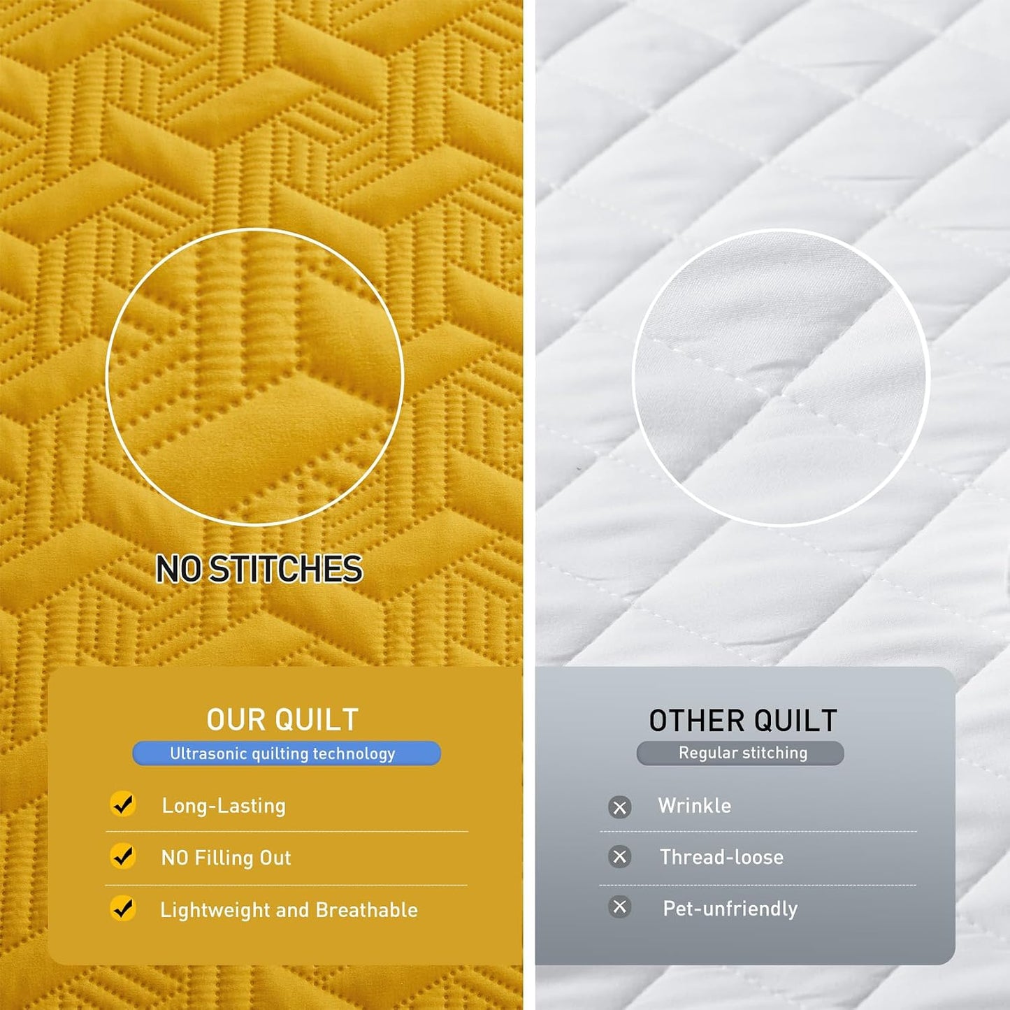 Mustard Yellow Oversized California Cal King Size Quilt Bedding Set with Pillow Shams, Summer Lightweight Bedspread Coverlet, Soft Quilted Blanket Thin Comforter for All Seasons