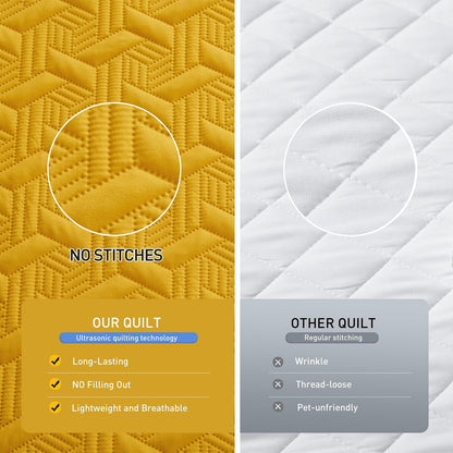 Mustard Yellow Oversized California Cal King Size Quilt Bedding Set with Pillow Shams, Summer Lightweight Bedspread Coverlet, Soft Quilted Blanket Thin Comforter for All Seasons