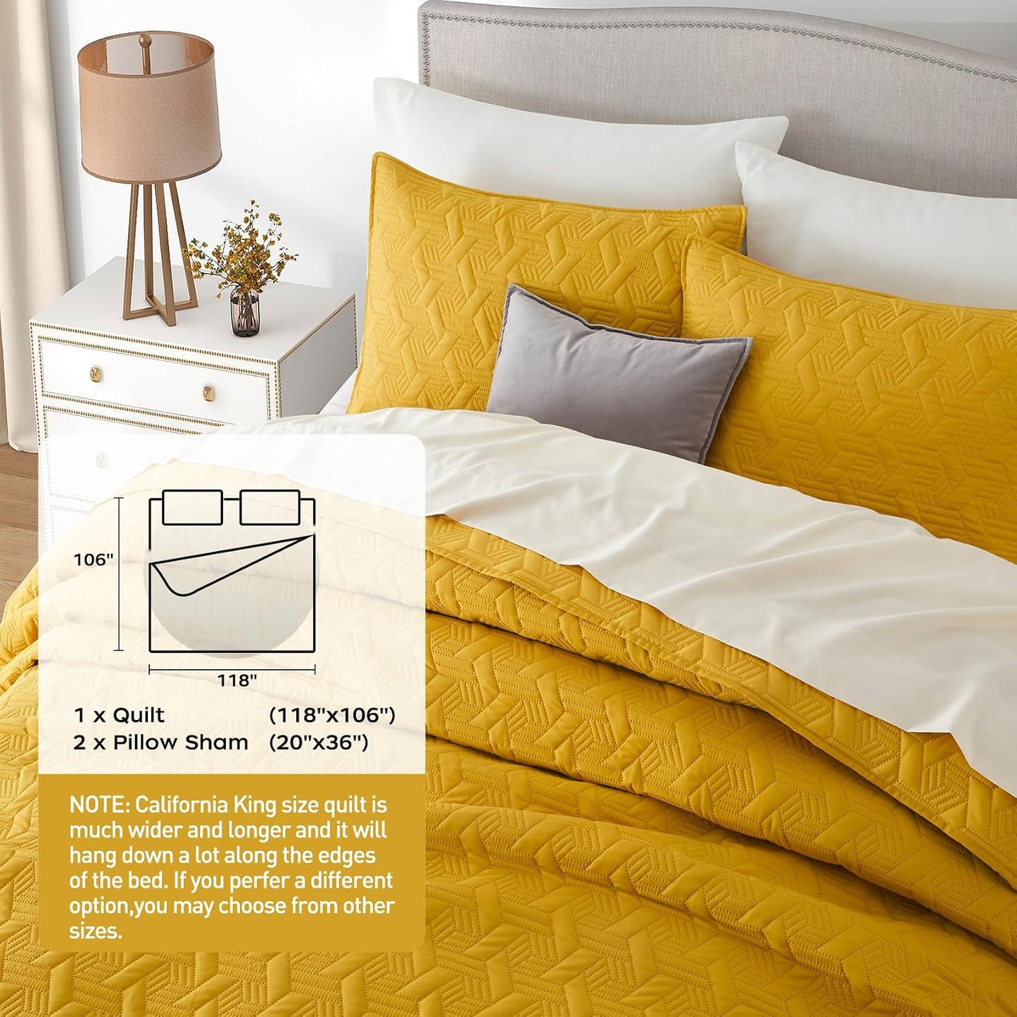 Mustard Yellow Oversized California Cal King Size Quilt Bedding Set with Pillow Shams, Summer Lightweight Bedspread Coverlet, Soft Quilted Blanket Thin Comforter for All Seasons