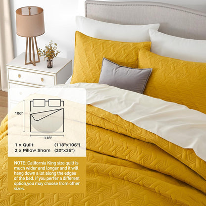Mustard Yellow Oversized California Cal King Size Quilt Bedding Set with Pillow Shams, Summer Lightweight Bedspread Coverlet, Soft Quilted Blanket Thin Comforter for All Seasons
