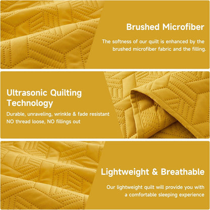 Mustard Yellow Oversized California Cal King Size Quilt Bedding Set with Pillow Shams, Summer Lightweight Bedspread Coverlet, Soft Quilted Blanket Thin Comforter for All Seasons