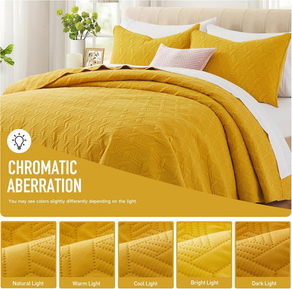 Mustard Yellow Oversized California Cal King Size Quilt Bedding Set with Pillow Shams, Summer Lightweight Bedspread Coverlet, Soft Quilted Blanket Thin Comforter for All Seasons