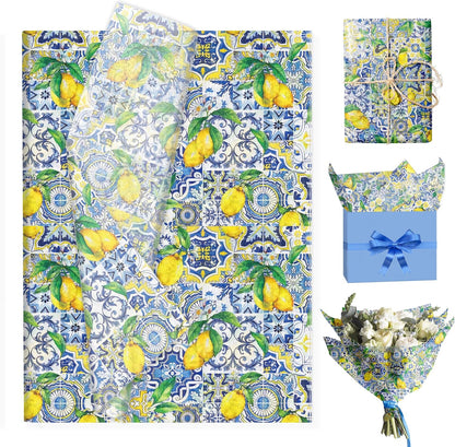 100 Sheets Lemon Theme Wrapping Paper, Gift Wrap Tissue Paper, Blue and White Porcelain Design Lemon Pattern Handmade Art Wedding Birthday Party Arts Crafts DIY,13.8 x 19.7 inches