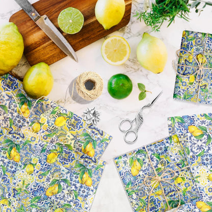 100 Sheets Lemon Theme Wrapping Paper, Gift Wrap Tissue Paper, Blue and White Porcelain Design Lemon Pattern Handmade Art Wedding Birthday Party Arts Crafts DIY,13.8 x 19.7 inches