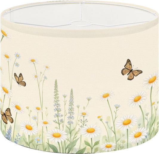 Drum Lamp Shade Daisy Butterfly Yellow Modern Daisies Yellow Centers Delicate Green Lampshade for Table Lamps Floor Lamps Pendant Light 13"x13"x10" Replacement Linen Large Lamp Shade Easy Assembly