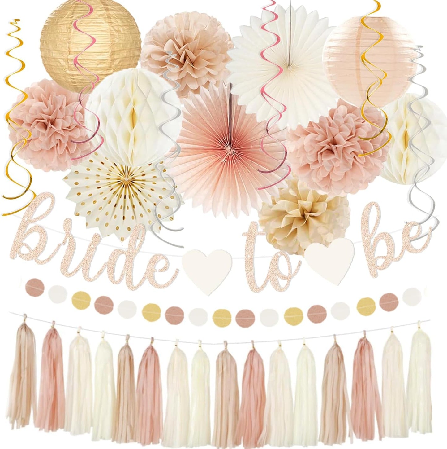 Champagne-Gold Beige Fall Boho Bachelorette Party Decorations - Bride To Be Banner, Peach White Paper Lanterns, Streamers, Tissue Pom Poms, Blush Beige Boho Paper Tassel, Rustic Backdrop Decor