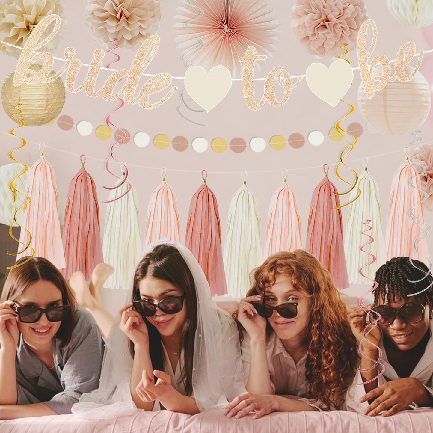 Champagne-Gold Beige Fall Boho Bachelorette Party Decorations - Bride To Be Banner, Peach White Paper Lanterns, Streamers, Tissue Pom Poms, Blush Beige Boho Paper Tassel, Rustic Backdrop Decor
