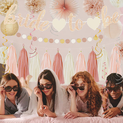 Champagne-Gold Beige Fall Boho Bachelorette Party Decorations - Bride To Be Banner, Peach White Paper Lanterns, Streamers, Tissue Pom Poms, Blush Beige Boho Paper Tassel, Rustic Backdrop Decor
