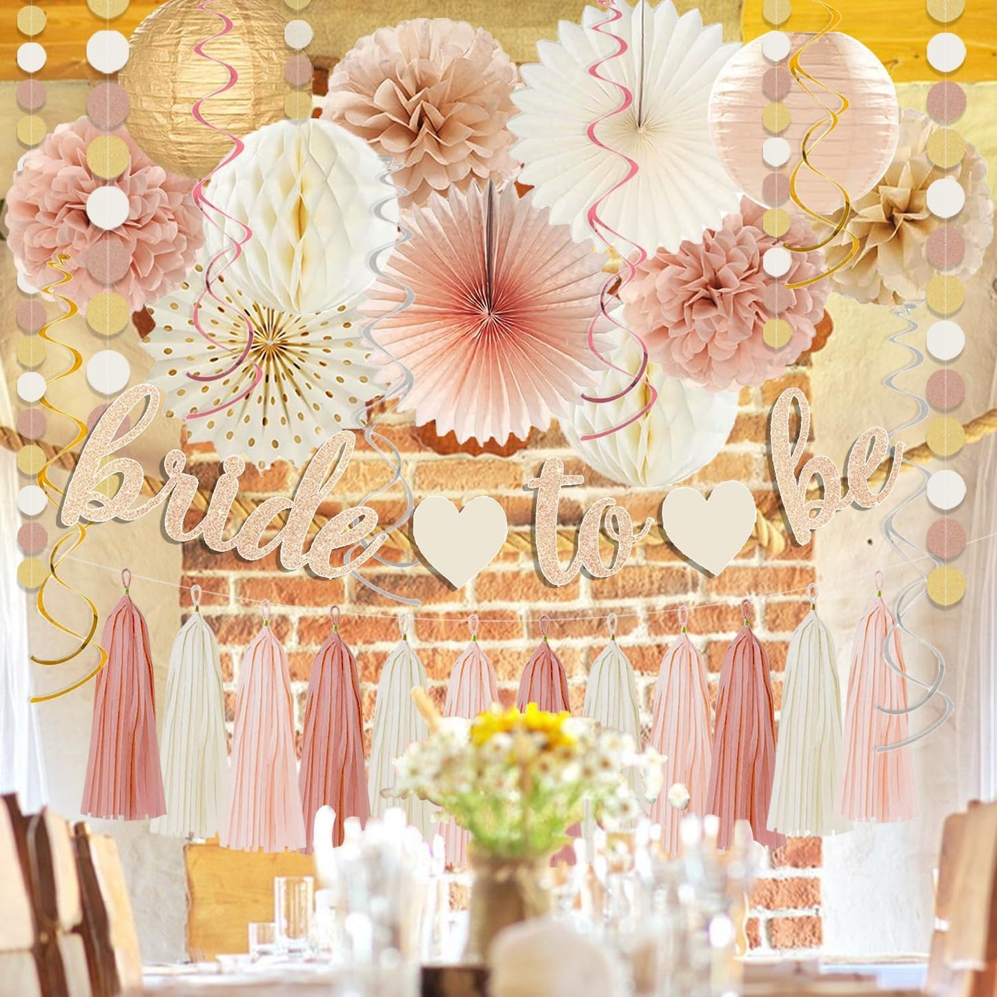 Champagne-Gold Beige Fall Boho Bachelorette Party Decorations - Bride To Be Banner, Peach White Paper Lanterns, Streamers, Tissue Pom Poms, Blush Beige Boho Paper Tassel, Rustic Backdrop Decor