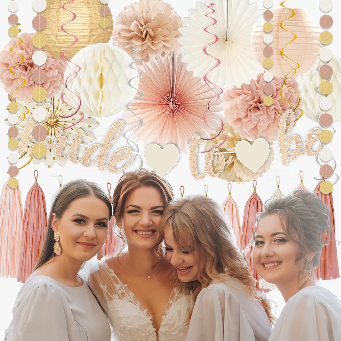 Champagne-Gold Beige Fall Boho Bachelorette Party Decorations - Bride To Be Banner, Peach White Paper Lanterns, Streamers, Tissue Pom Poms, Blush Beige Boho Paper Tassel, Rustic Backdrop Decor
