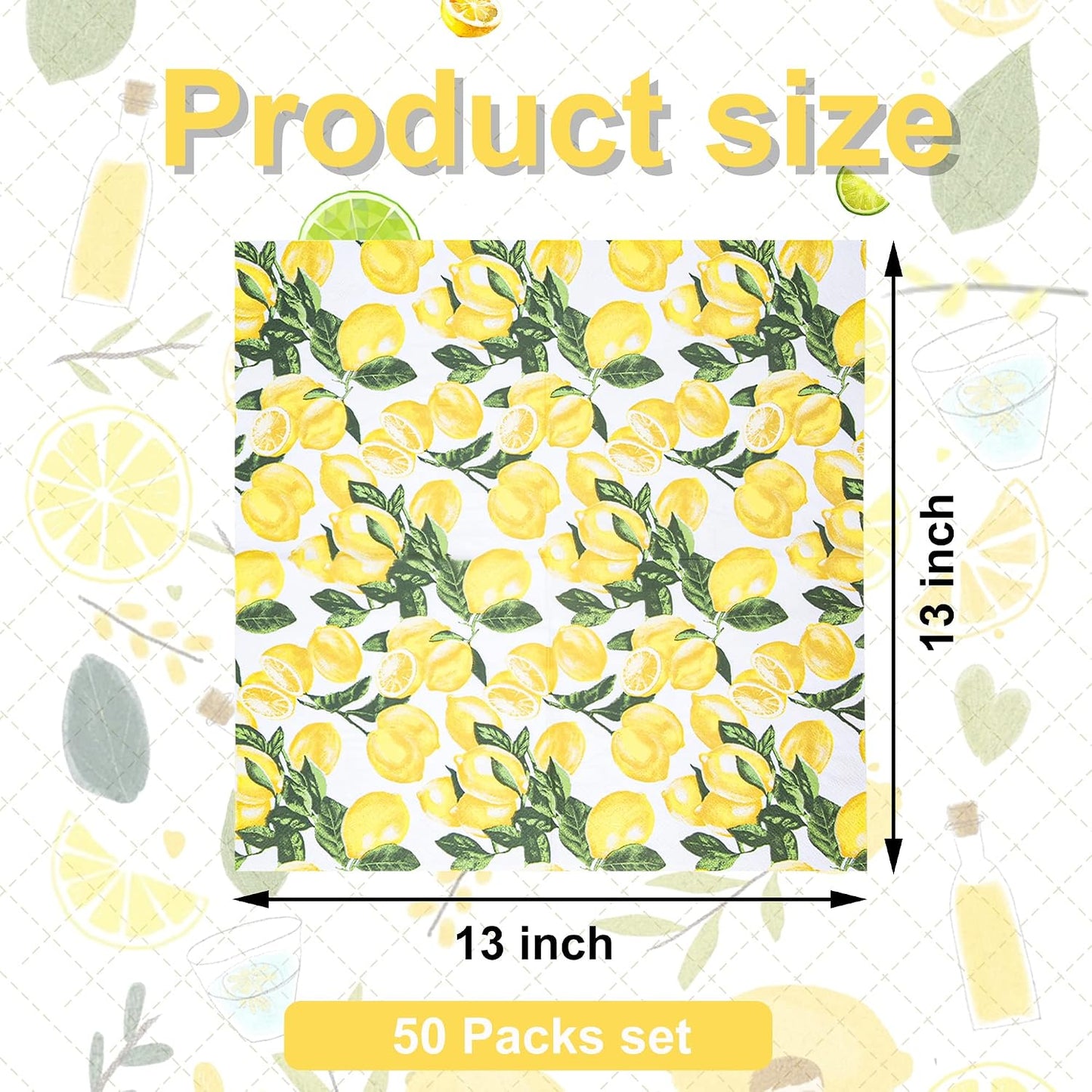 50 Count Lemon Paper Napkins Summer Luncheon Decorative Napkin 3-Ply Yellow Citrus Disposable Napkins Lemon Printed Square Beverage Dinner Napkin for Summer Party Supplies Table Decor, 6.5 x 6.5 Inch