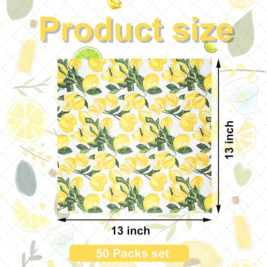 50 Count Lemon Paper Napkins Summer Luncheon Decorative Napkin 3-Ply Yellow Citrus Disposable Napkins Lemon Printed Square Beverage Dinner Napkin for Summer Party Supplies Table Decor, 6.5 x 6.5 Inch