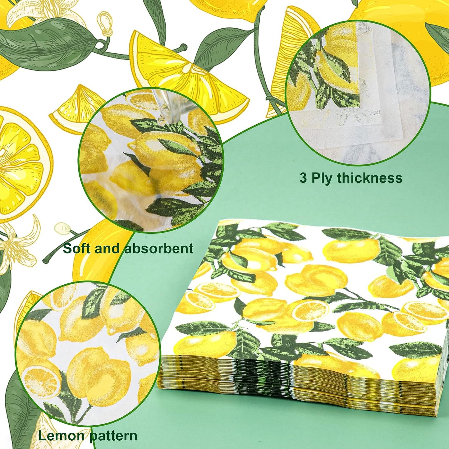 50 Count Lemon Paper Napkins Summer Luncheon Decorative Napkin 3-Ply Yellow Citrus Disposable Napkins Lemon Printed Square Beverage Dinner Napkin for Summer Party Supplies Table Decor, 6.5 x 6.5 Inch