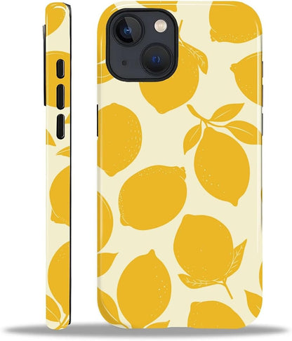 Compatible with iPhone 15 Case, Dual-Layer Protection Hard Shell with Silicone Interior,Slim Scratch Resistant Shockproof for Woman Men Fresh Fruit Lemon Boho Summer